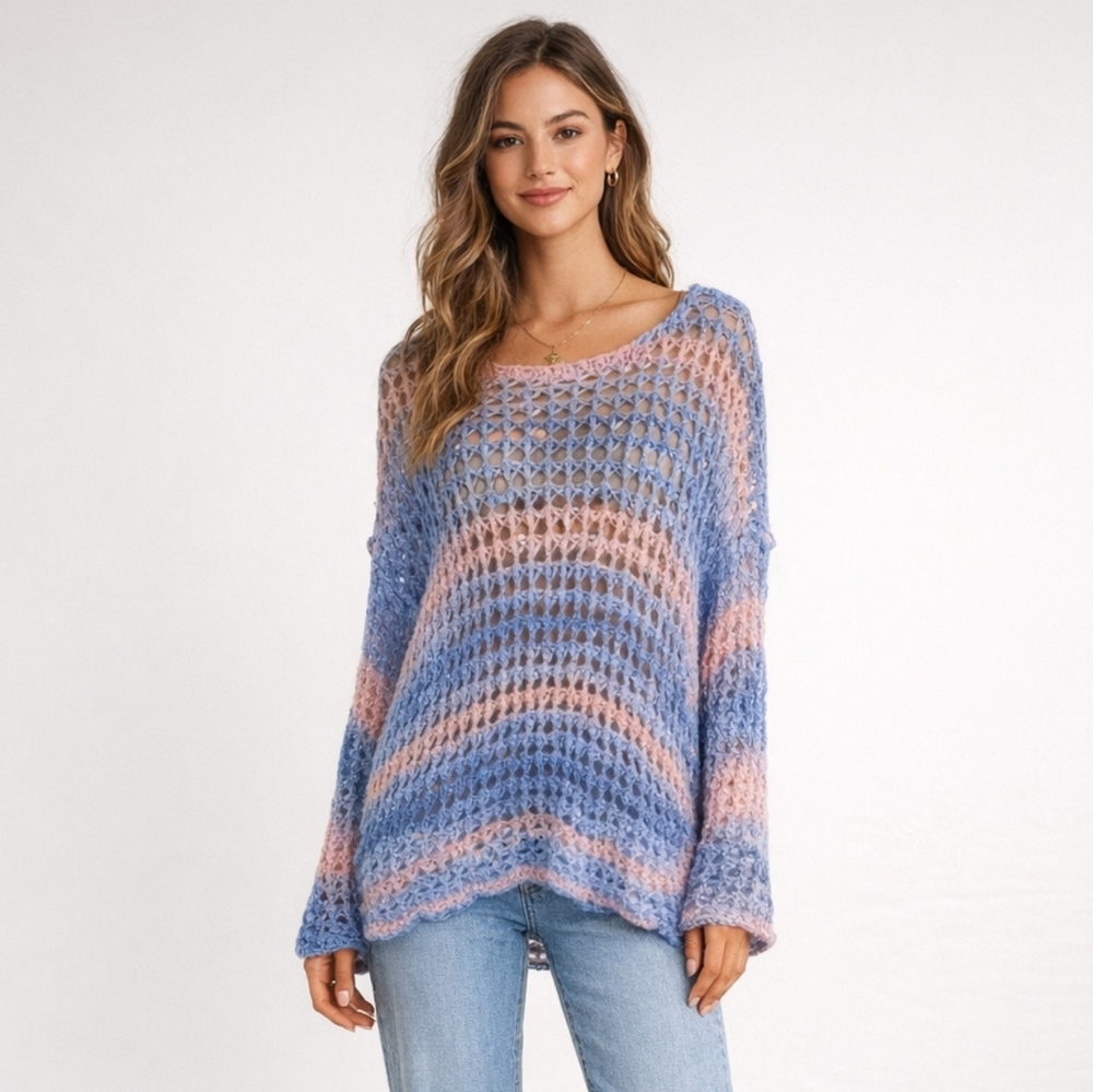 POL Striped Open Knit Boho Sweater Women's Small Oversized